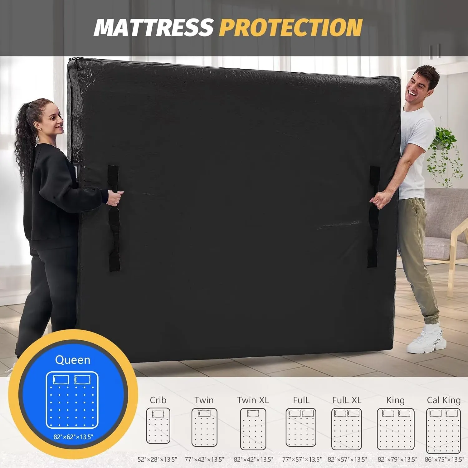 Mattress Bags for Moving and Storage, BETU Queen Mattress Protector Waterproof Mattress Cover with 8 Heavy Duty Handles and Zipper Extra Thick Moving Supplies for Bed (2 Pack:82x62x13.5 Black)