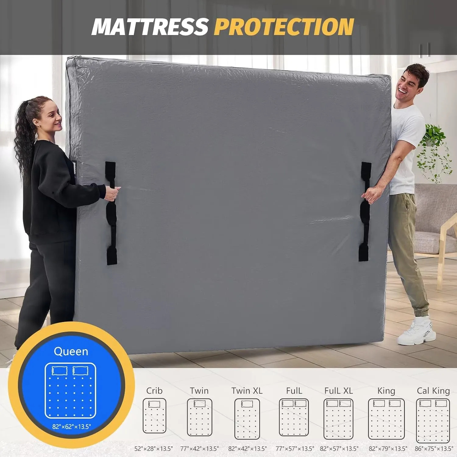 Mattress Bags for Moving and Storage, BETU Twin Mattress Protector Waterproof Mattress Cover with 8 Heavy Duty Handles and Zipper Extra Thick Moving Supplies for Dorm Bed Reusable (77x42x13.5" Grey)