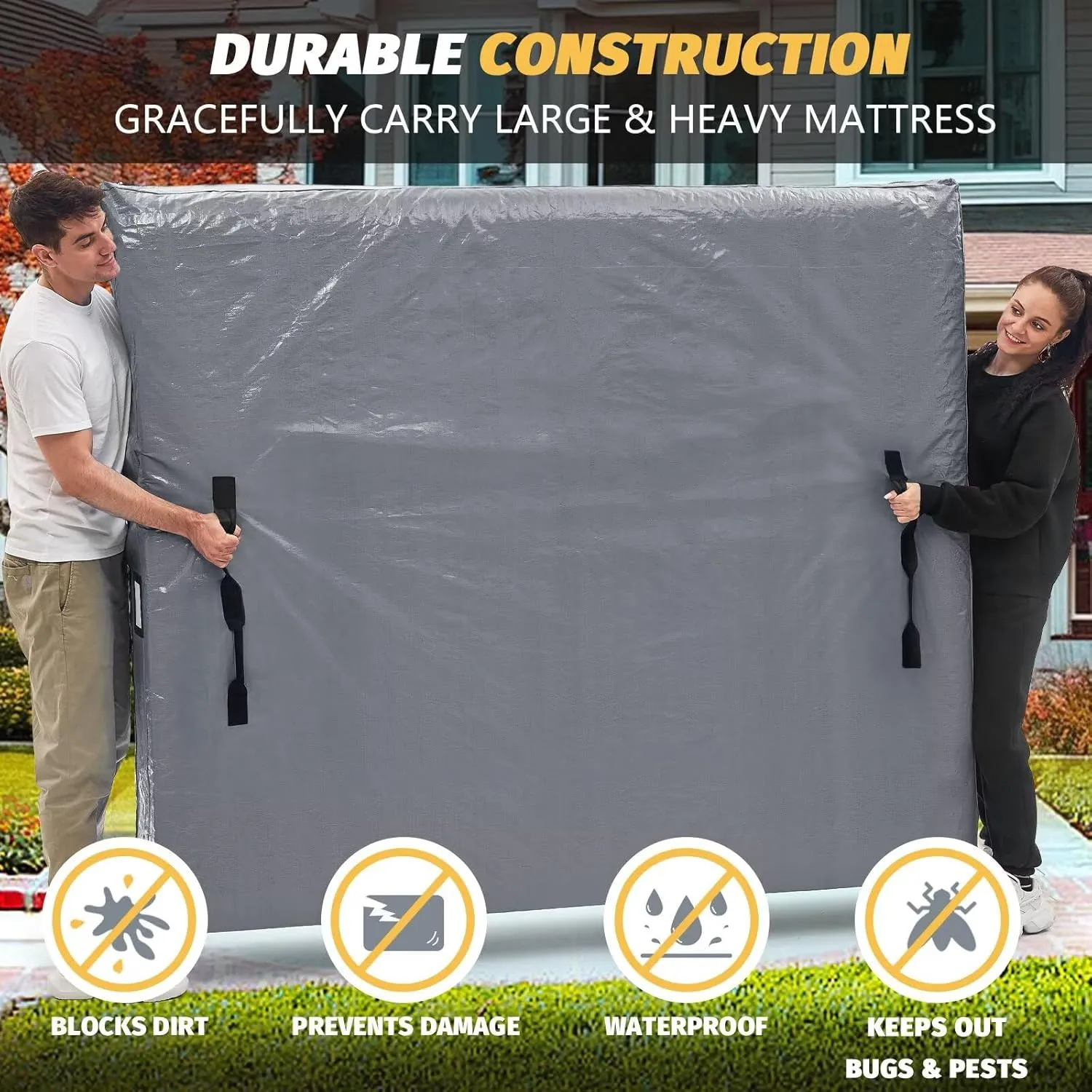 Mattress Bags for Moving and Storage, BETU Twin Mattress Protector Waterproof Mattress Cover with 8 Heavy Duty Handles and Zipper Extra Thick Moving Supplies for Dorm Bed Reusable (77x42x13.5" Grey)
