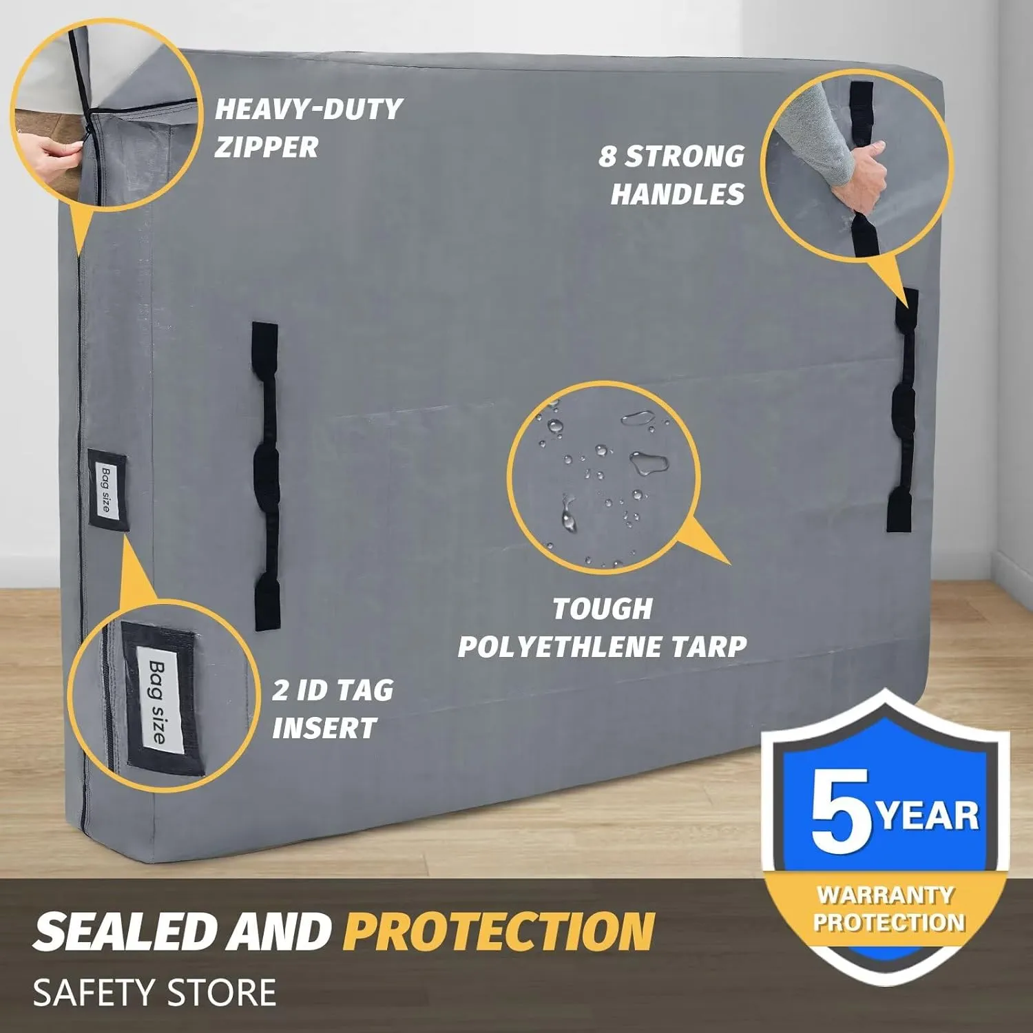 Mattress Bags for Moving and Storage, BETU Twin Mattress Protector Waterproof Mattress Cover with 8 Heavy Duty Handles and Zipper Extra Thick Moving Supplies for Dorm Bed Reusable (77x42x13.5" Grey)