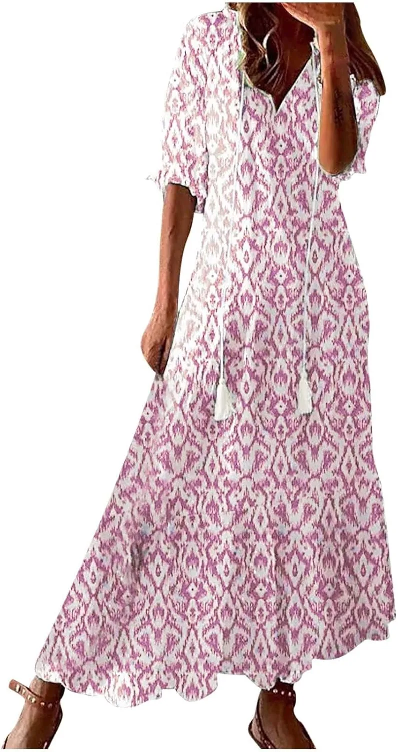 Maxi Dress for Women Casual Dressy V Neck Half Sleeve Tiered Boho Long Dresses Summer Bohemian Sundress Party Evening