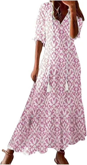 Maxi Dress for Women Casual Dressy V Neck Half Sleeve Tiered Boho Long Dresses Summer Bohemian Sundress Party Evening