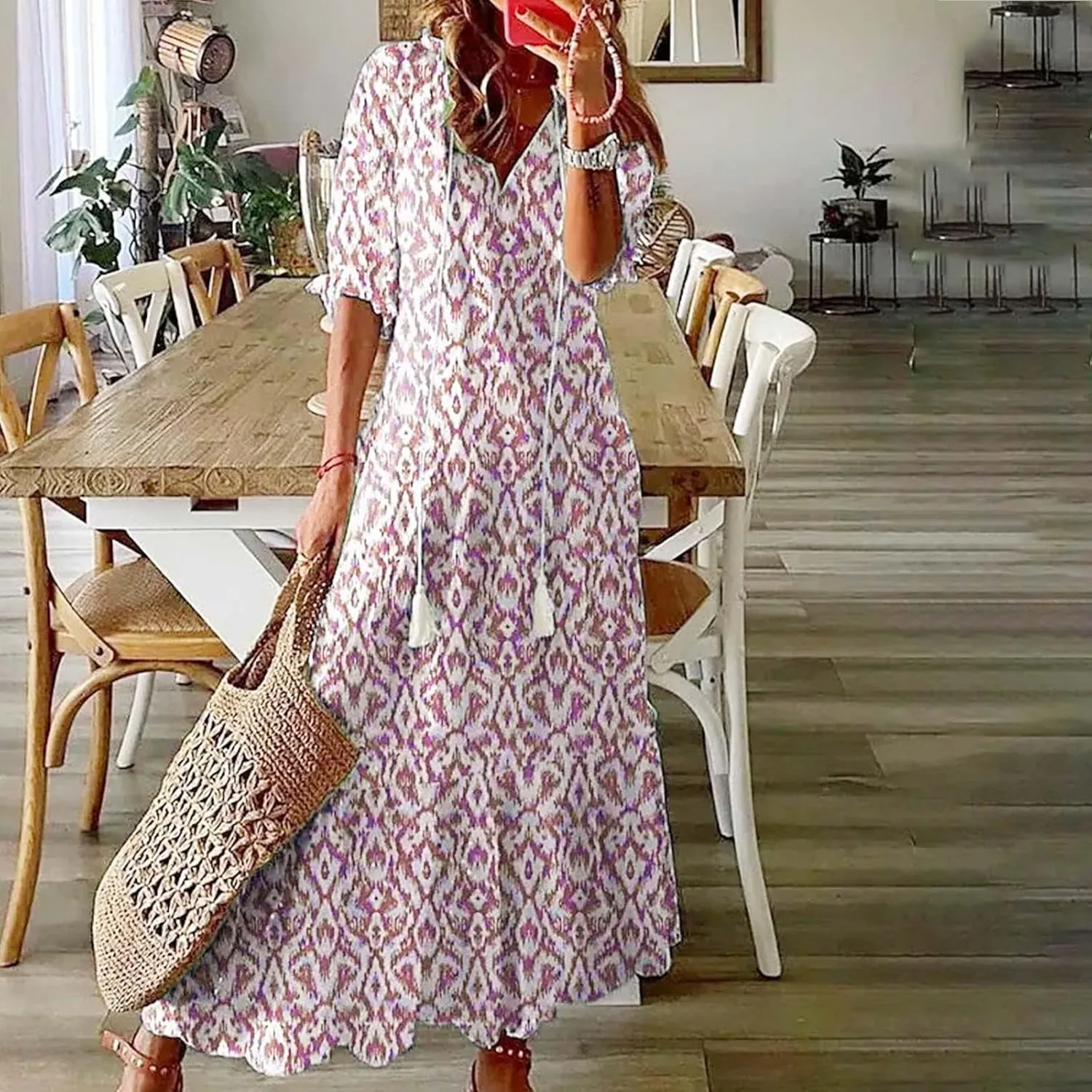 Maxi Dress for Women Casual Dressy V Neck Half Sleeve Tiered Boho Long Dresses Summer Bohemian Sundress Party Evening