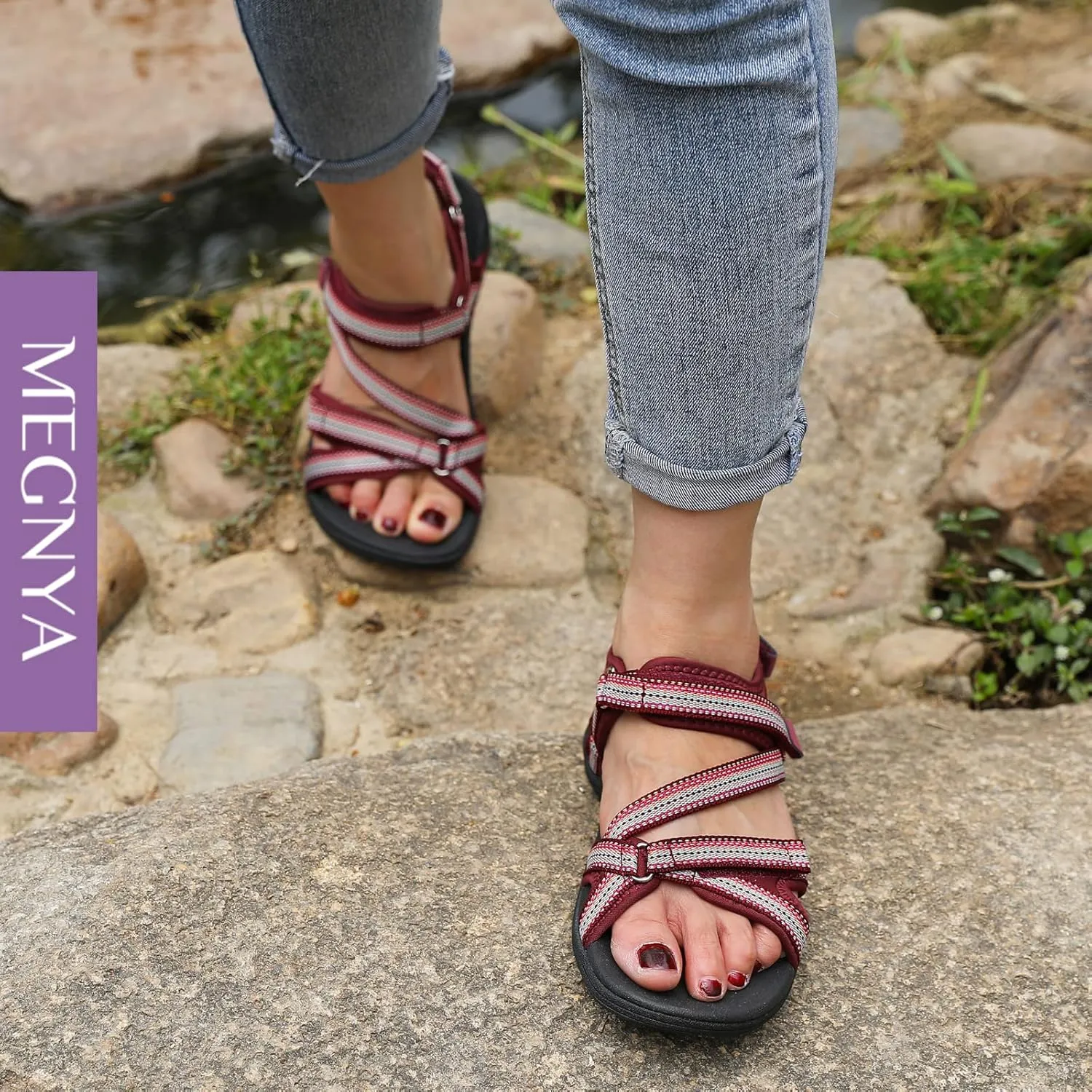MEGNYA Womens Lightweight Cushion Sandals for Walking, Summer Outside Hiking Sandals with Adjustable Hook and Loop Straps