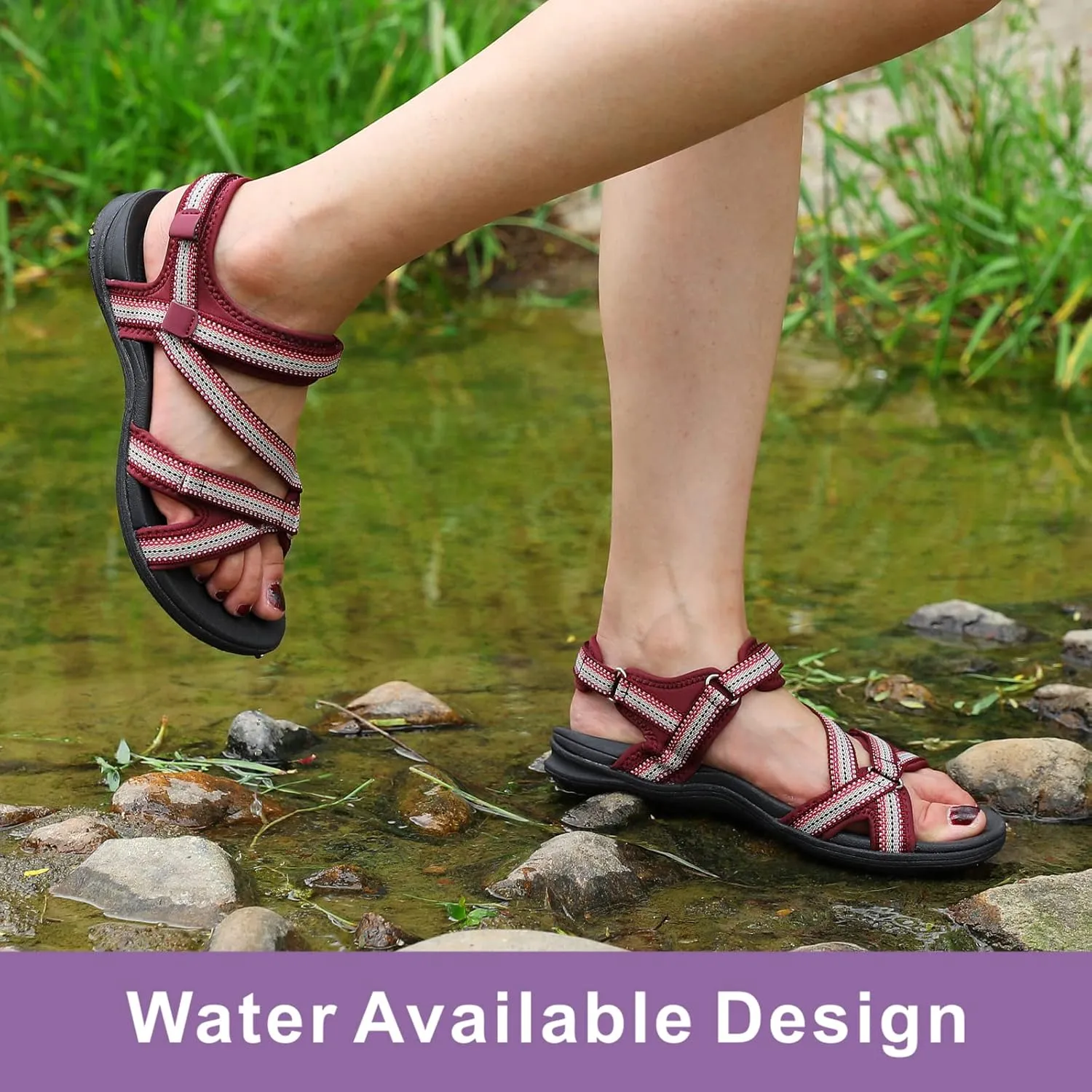 MEGNYA Womens Lightweight Cushion Sandals for Walking, Summer Outside Hiking Sandals with Adjustable Hook and Loop Straps