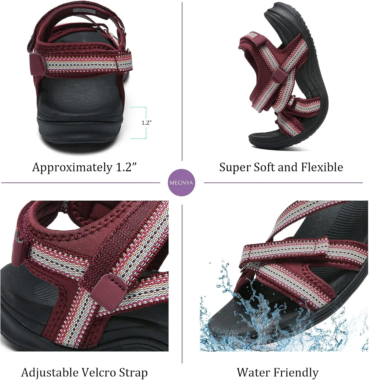 MEGNYA Womens Lightweight Cushion Sandals for Walking, Summer Outside Hiking Sandals with Adjustable Hook and Loop Straps
