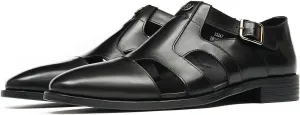 Men's Leather Dress Sandals with Agraffe Buckle| Business Casual Loafers Shoes | Breathable Comfortable Wide Adjustable Straps Summer Loafers