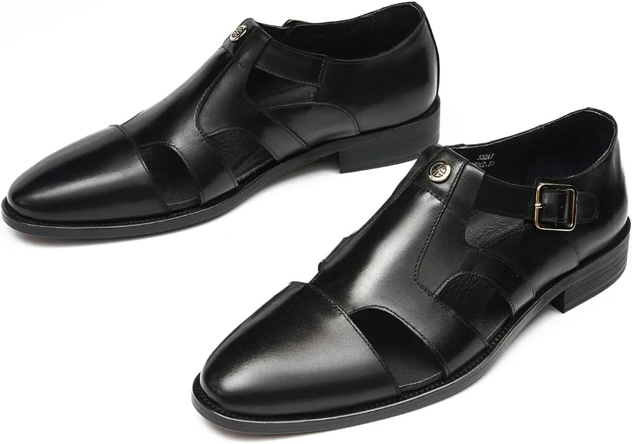 Men's Leather Dress Sandals with Agraffe Buckle| Business Casual Loafers Shoes | Breathable Comfortable Wide Adjustable Straps Summer Loafers