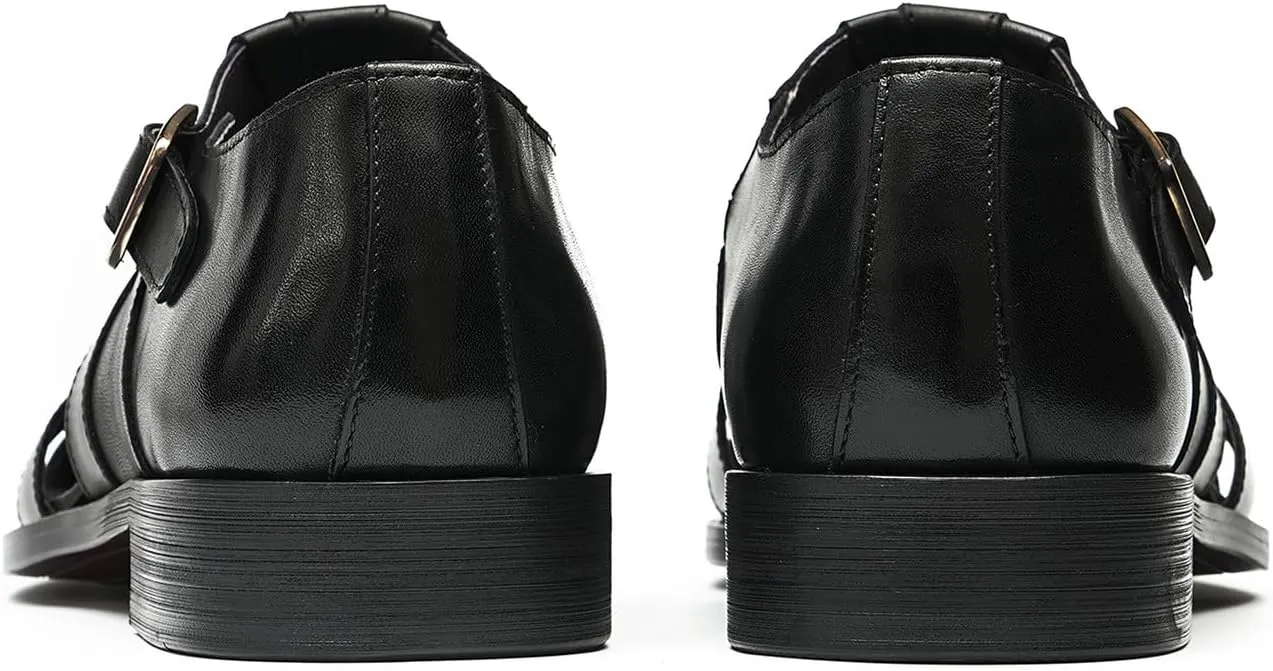 Men's Leather Dress Sandals with Agraffe Buckle| Business Casual Loafers Shoes | Breathable Comfortable Wide Adjustable Straps Summer Loafers