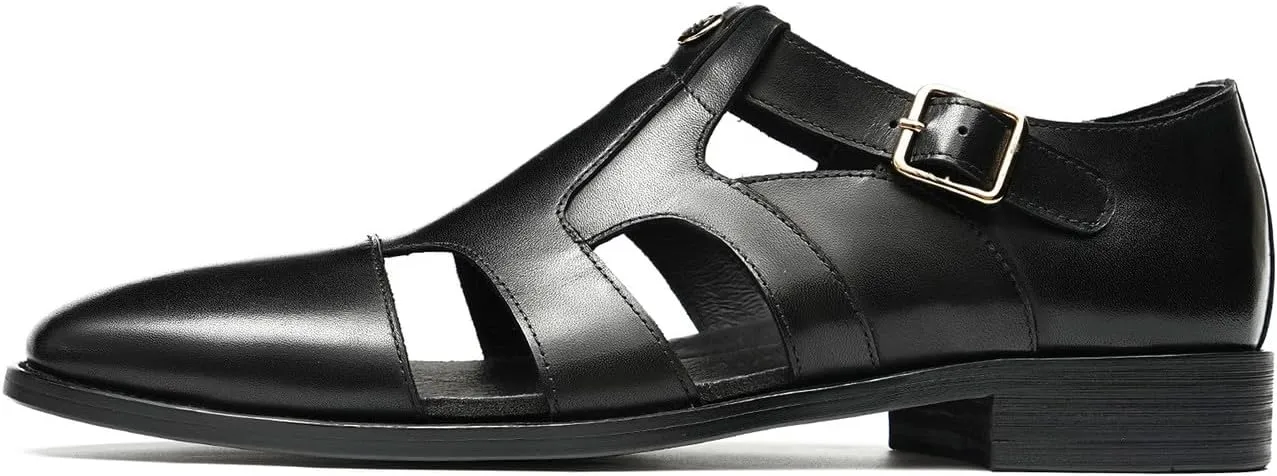 Men's Leather Dress Sandals with Agraffe Buckle| Business Casual Loafers Shoes | Breathable Comfortable Wide Adjustable Straps Summer Loafers