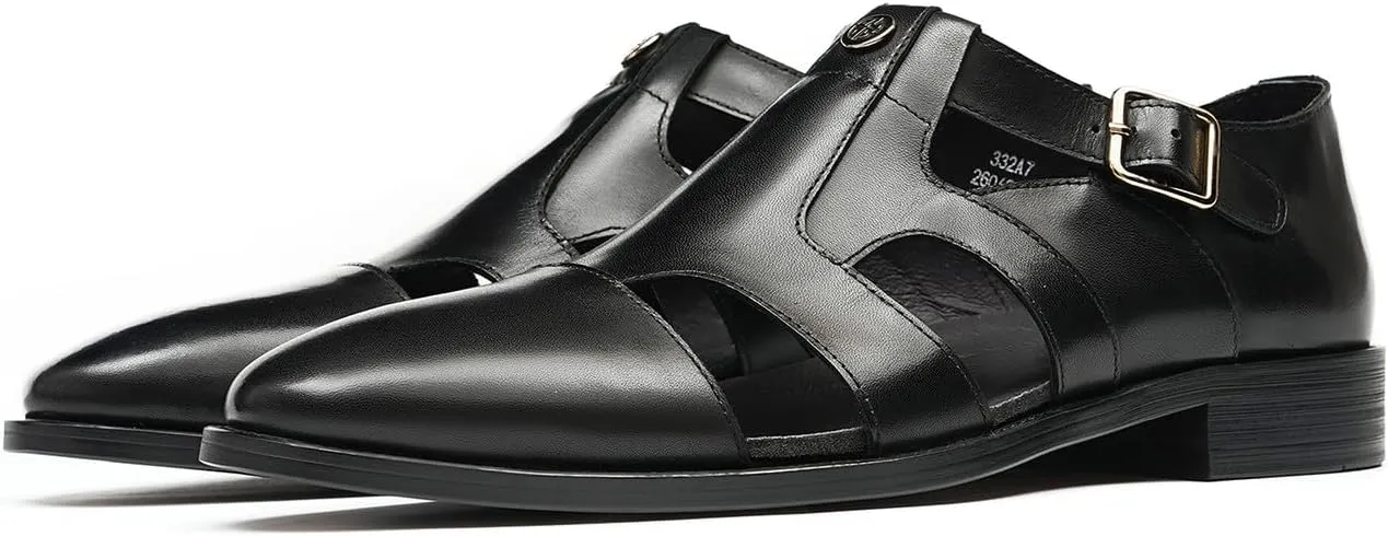 Men's Leather Dress Sandals with Agraffe Buckle| Business Casual Loafers Shoes | Breathable Comfortable Wide Adjustable Straps Summer Loafers