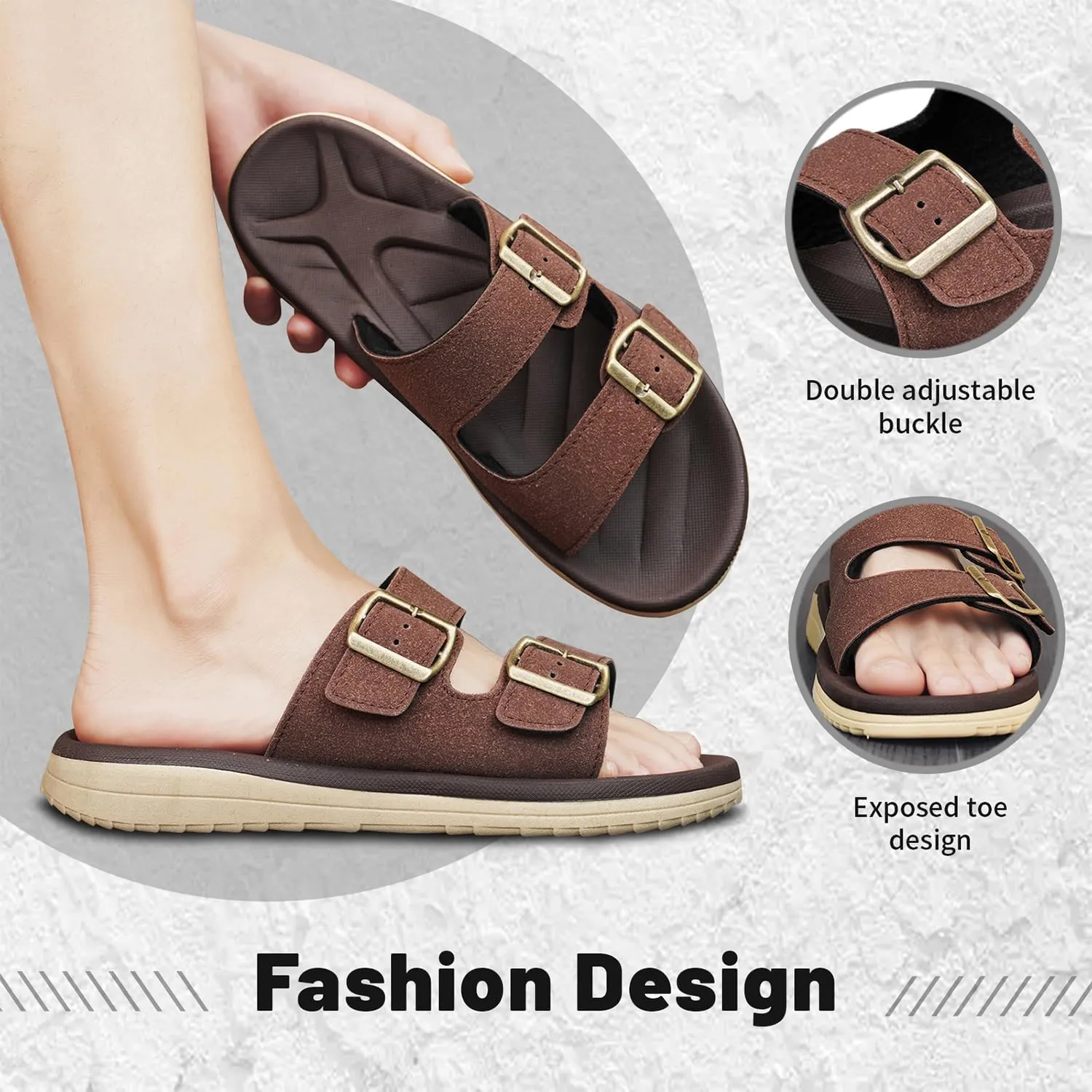 Mens Sandals Arch Support Comfortable Beach Slides with Adjustable Buckle Straps Slippers for Men
