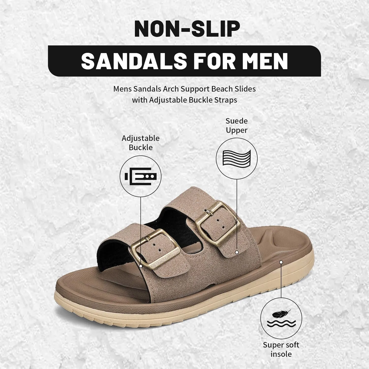 Mens Sandals Arch Support Comfortable Beach Slides with Adjustable Buckle Straps Slippers for Men