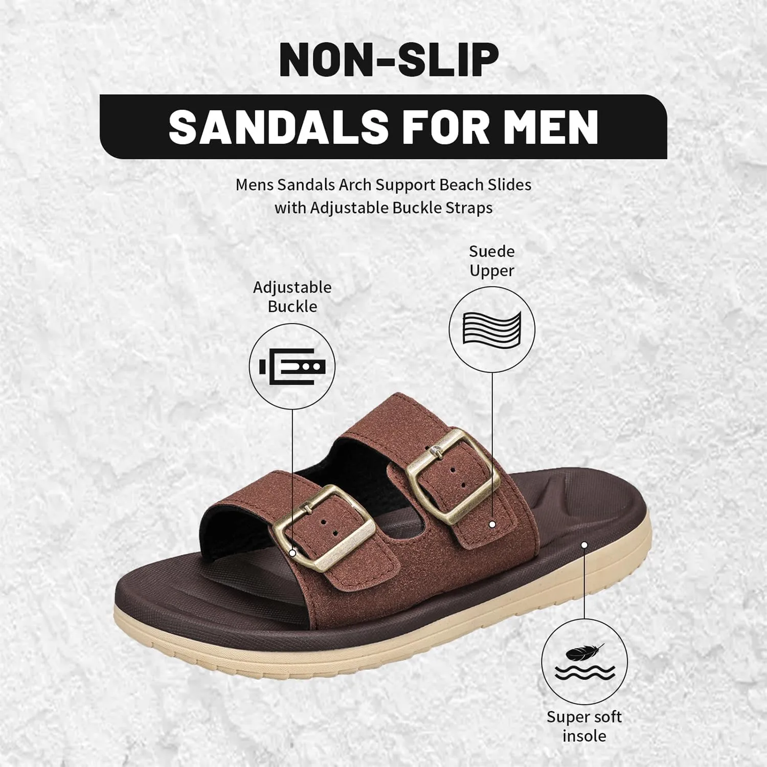 Mens Sandals Arch Support Comfortable Beach Slides with Adjustable Buckle Straps Slippers for Men