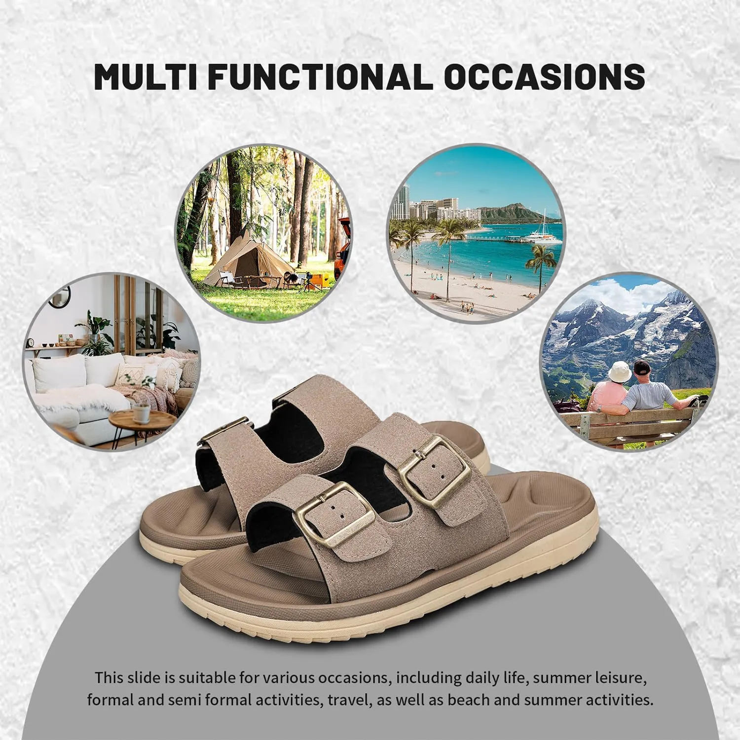 Mens Sandals Arch Support Comfortable Beach Slides with Adjustable Buckle Straps Slippers for Men