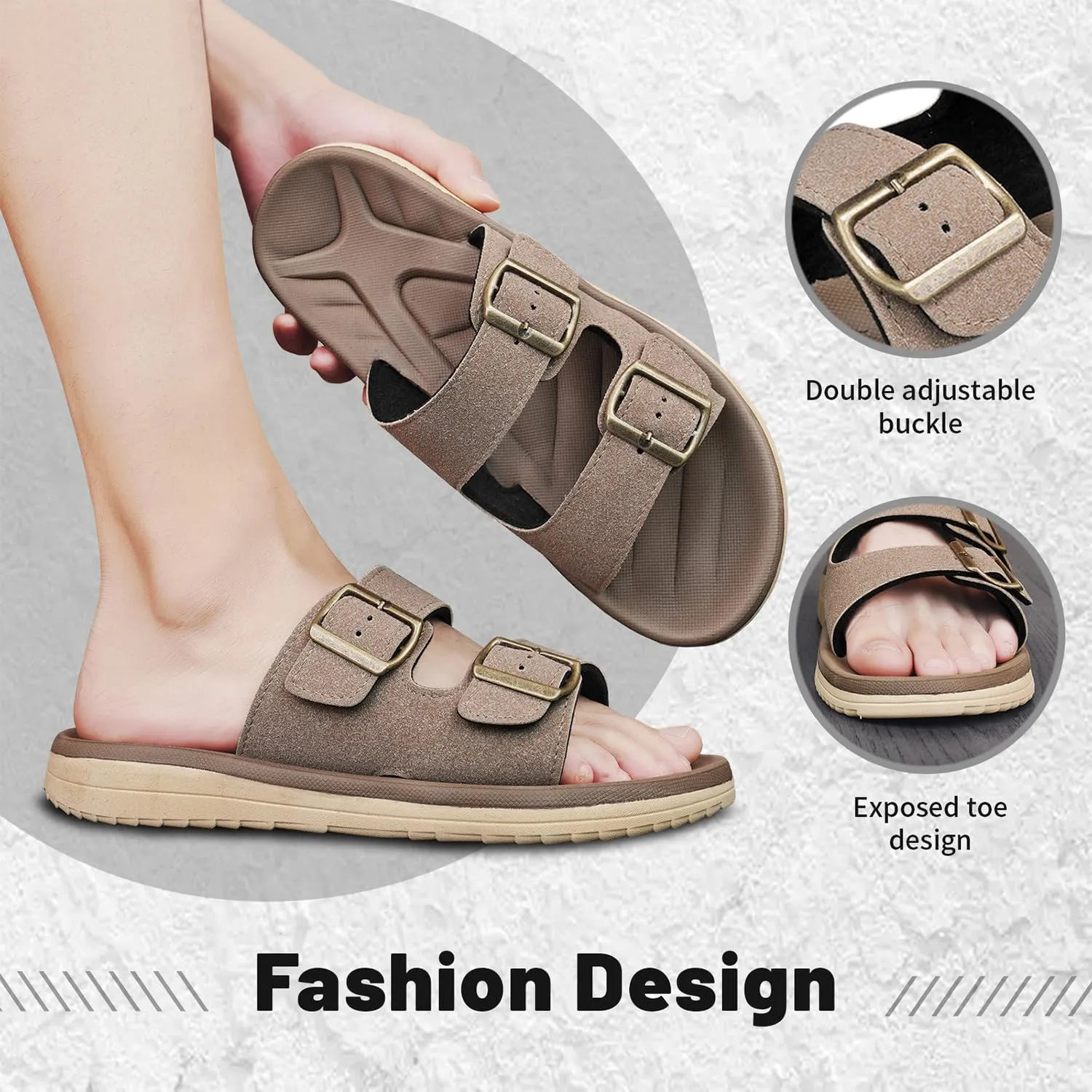 Mens Sandals Arch Support Comfortable Beach Slides with Adjustable Buckle Straps Slippers for Men