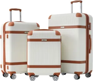 Merax Hardside Rugged Travel Suitcase Luggage with 8 Spinner Wheels, Collision-Protection Angle, 3-Piece Set, TSA Lock, Expandable, Carry-On Luggage (20/24/28,White)