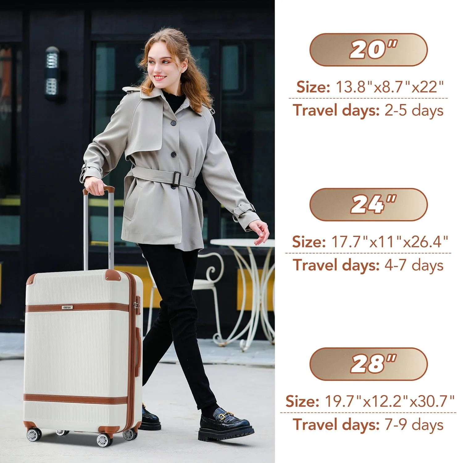 Merax Hardside Rugged Travel Suitcase Luggage with 8 Spinner Wheels, Collision-Protection Angle, 3-Piece Set, TSA Lock, Expandable, Carry-On Luggage (20/24/28,White)