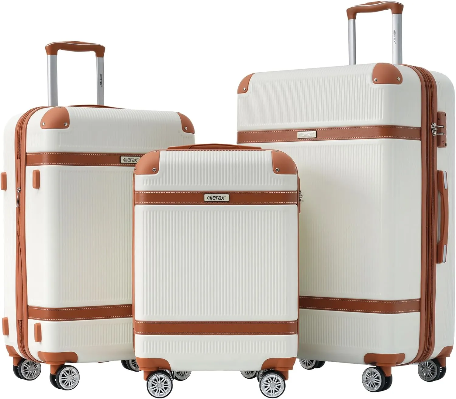 Merax Hardside Rugged Travel Suitcase Luggage with 8 Spinner Wheels, Collision-Protection Angle, 3-Piece Set, TSA Lock, Expandable, Carry-On Luggage (20/24/28,White)