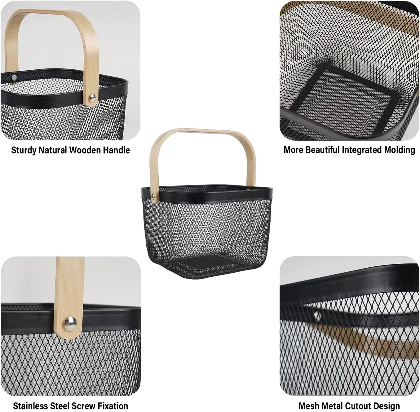 Metal Mesh Steel Harvest Basket, Square Wire Garden Basket with Handle – Multi-functional Storage Organizer for Gathering Vegetables, Fruits, Kitchen, Garden, Picnic & Cabinet (Black)
