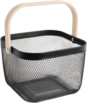Metal Mesh Steel Harvest Basket, Square Wire Garden Basket with Handle – Multi-functional Storage Organizer for Gathering Vegetables, Fruits, Kitchen, Garden, Picnic & Cabinet (Black)