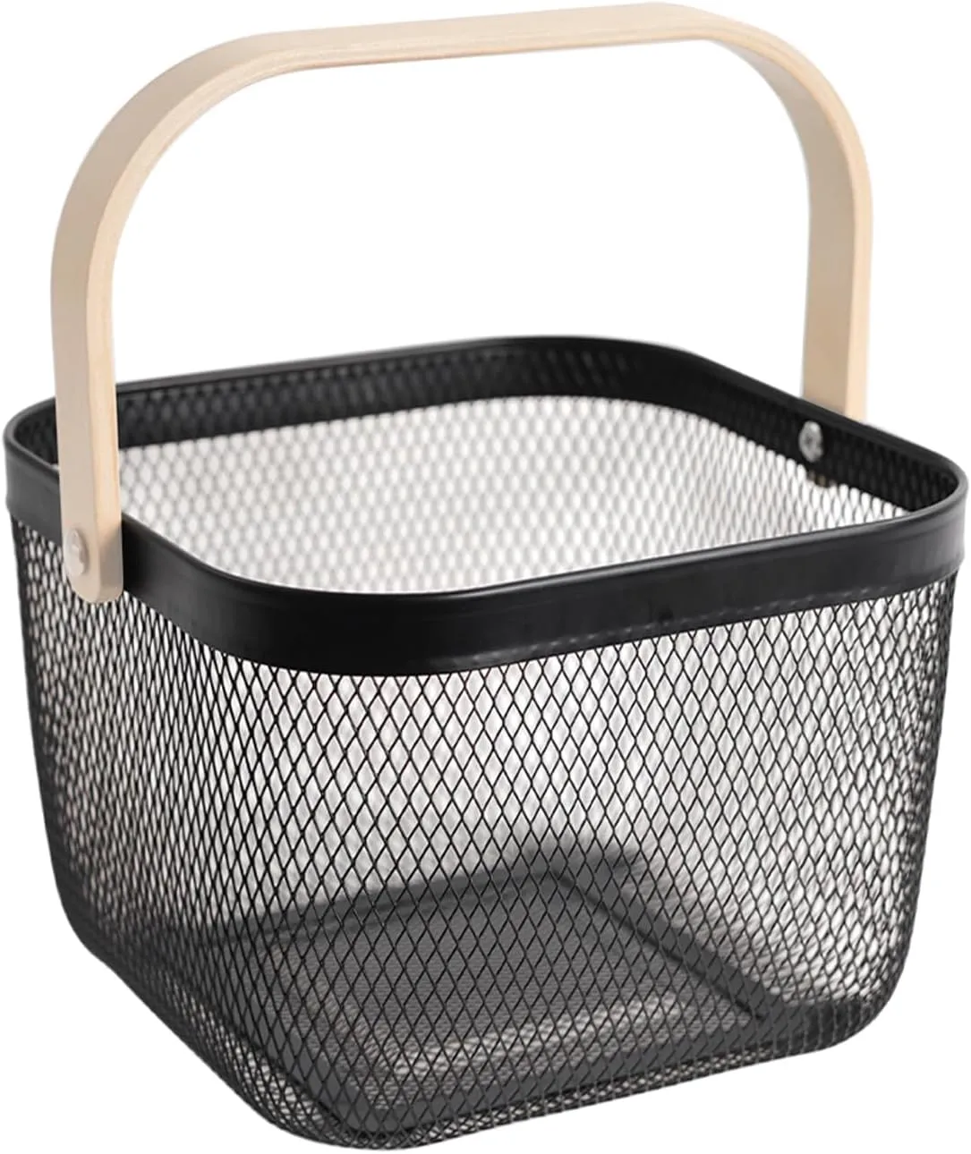 Metal Mesh Steel Harvest Basket, Square Wire Garden Basket with Handle – Multi-functional Storage Organizer for Gathering Vegetables, Fruits, Kitchen, Garden, Picnic & Cabinet (Black)