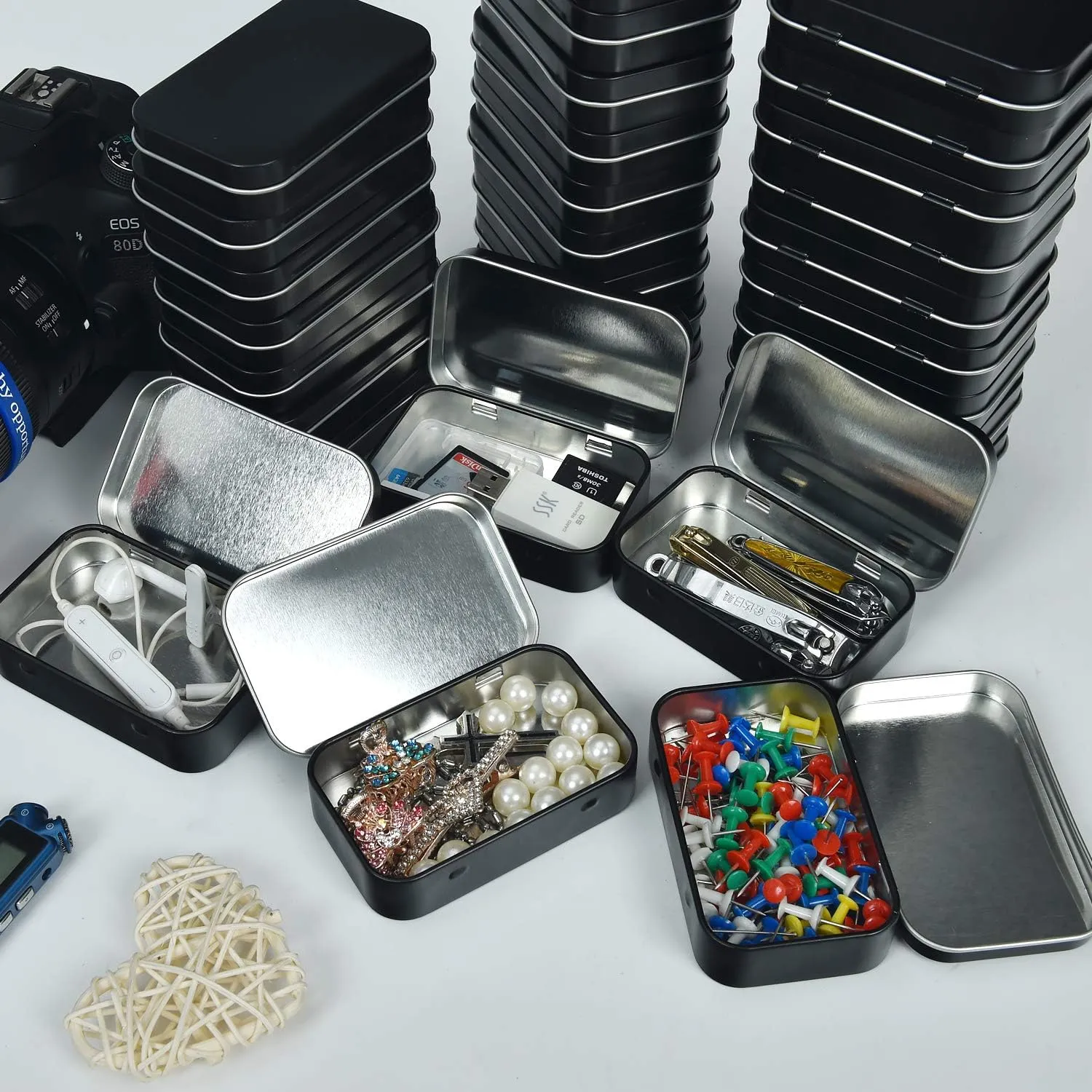 Metal Rectangular Empty Hinged Tins - Black Mini Portable Box Containers Small Storage Kit & Home Organizer for Storage Drawing Pin Candies Jewelry Crafts(Black, 40 Pack)