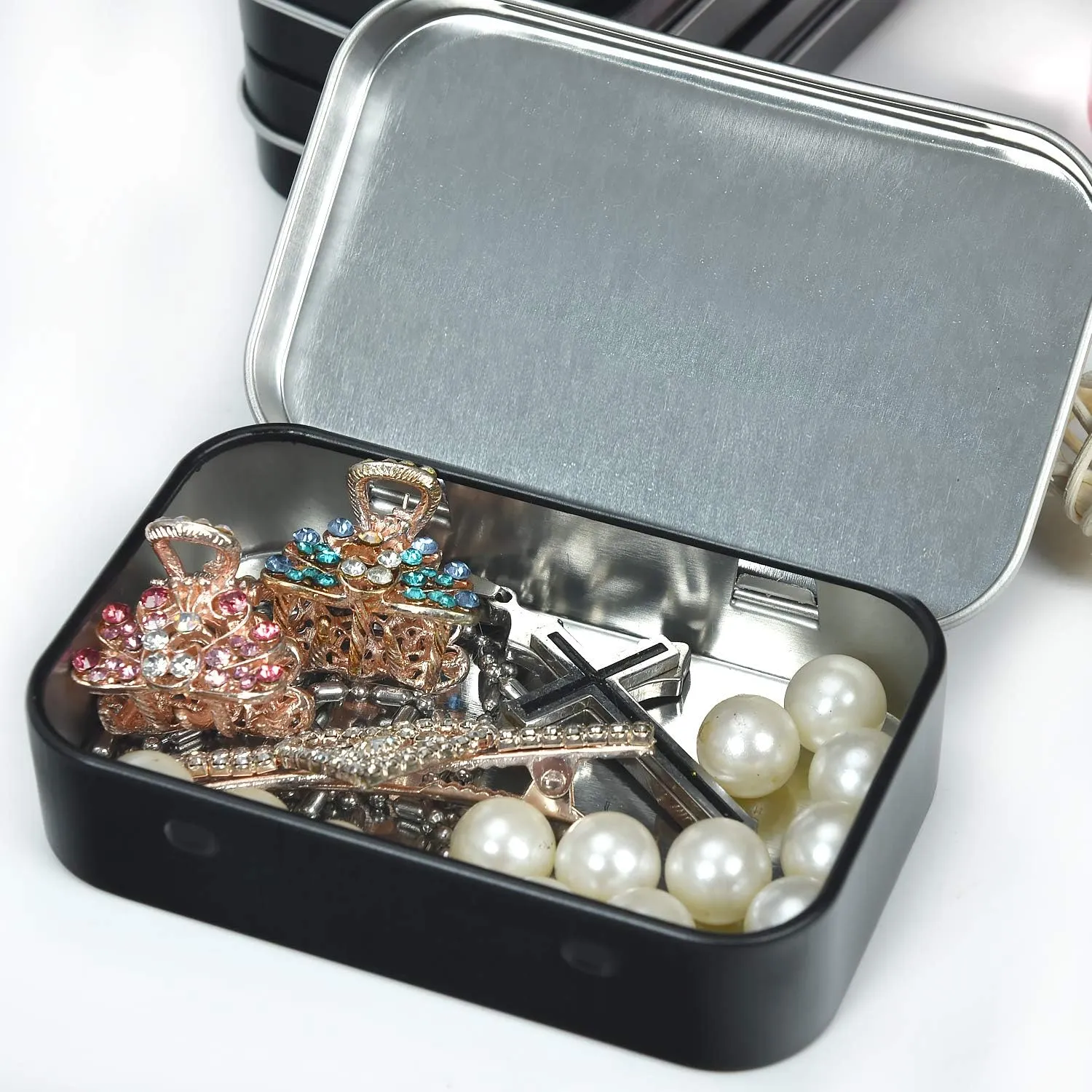 Metal Rectangular Empty Hinged Tins - Black Mini Portable Box Containers Small Storage Kit & Home Organizer for Storage Drawing Pin Candies Jewelry Crafts(Black, 40 Pack)