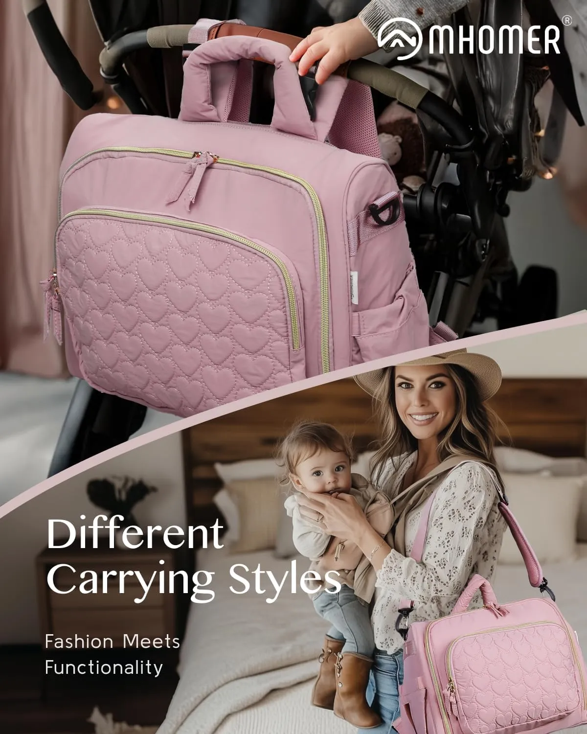 MHOMER Diaper Bag Backpack Puffer Lightweight 3 in 1 Wide Open Small Diaper Bag Tote for Travel with Changing Pad Shoulder Straps,Pink