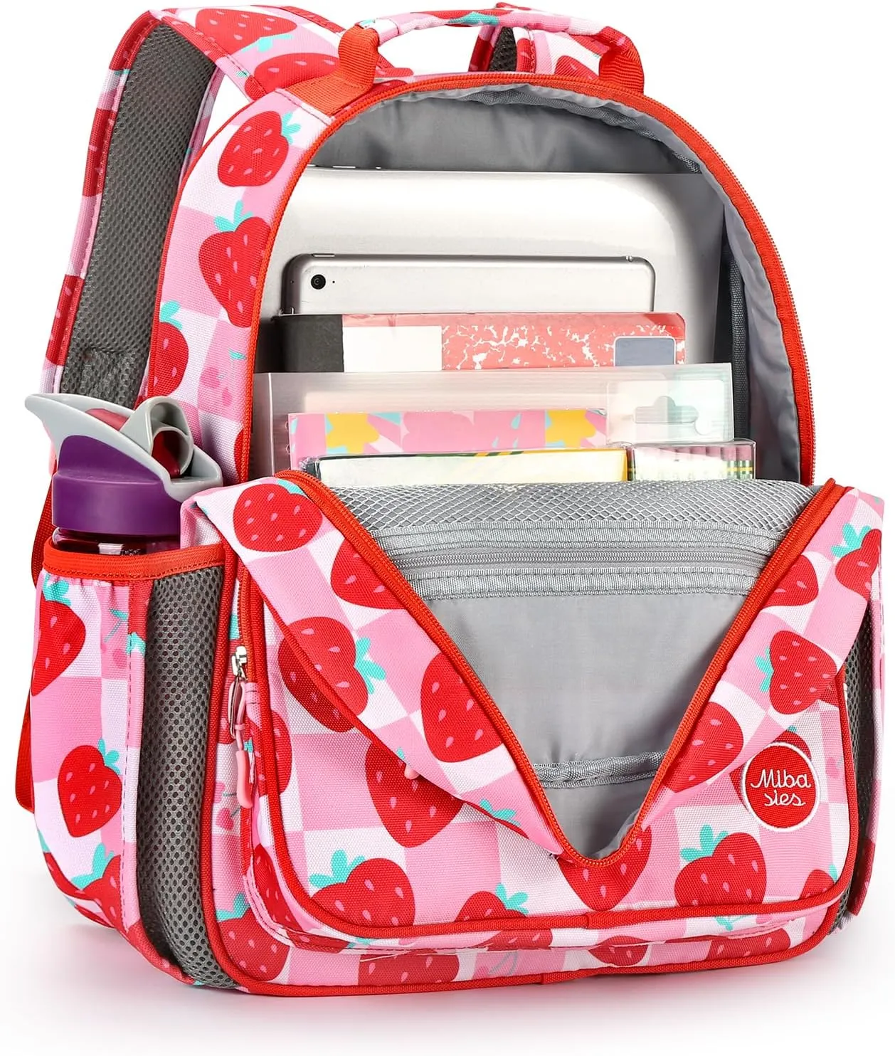mibasies Kids Backpack for Girls: Girls Backpack 5-8 - Kindergarten Elementary School Bookbag for Girl - Strawberry Red