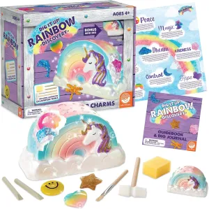 MindWare Dig It Up! Rainbow Shaped Discovery for Girls - Kit Includes 13 Charms for Find, 2 Chiseling Tools, Hammer, Excavation Brush, Sponge, Poster and Guidebook - Ages 4 and Up
