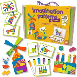 MindWare Imagination Patterns - Creative, Magnetic Play with Patterned Tangram Shapes - Includes 60 Magnetic Blocks, 60 Puzzle Cards, Dry Erase Markers & Wood Case - Deluxe