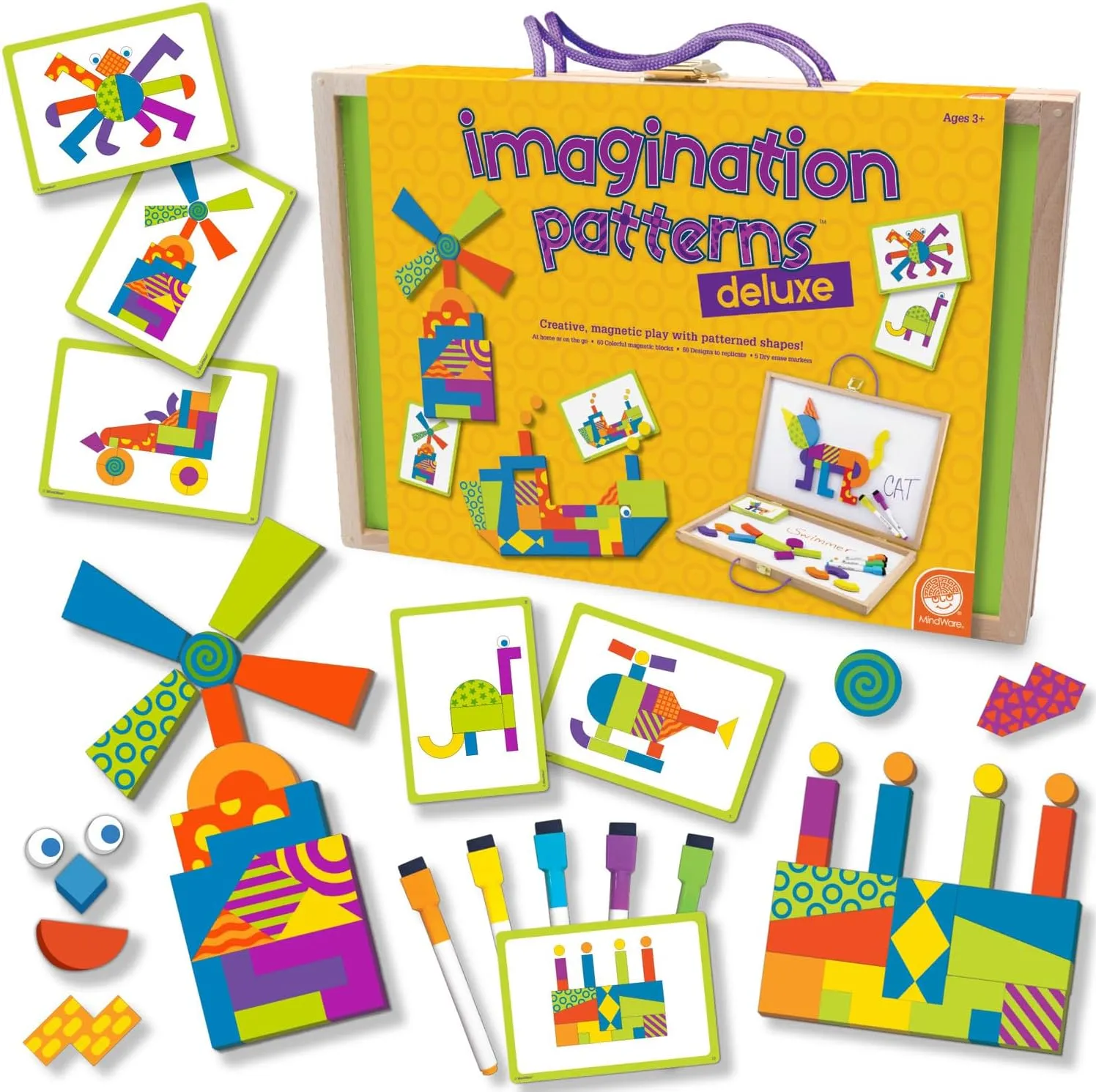 MindWare Imagination Patterns - Creative, Magnetic Play with Patterned Tangram Shapes - Includes 60 Magnetic Blocks, 60 Puzzle Cards, Dry Erase Markers & Wood Case - Deluxe