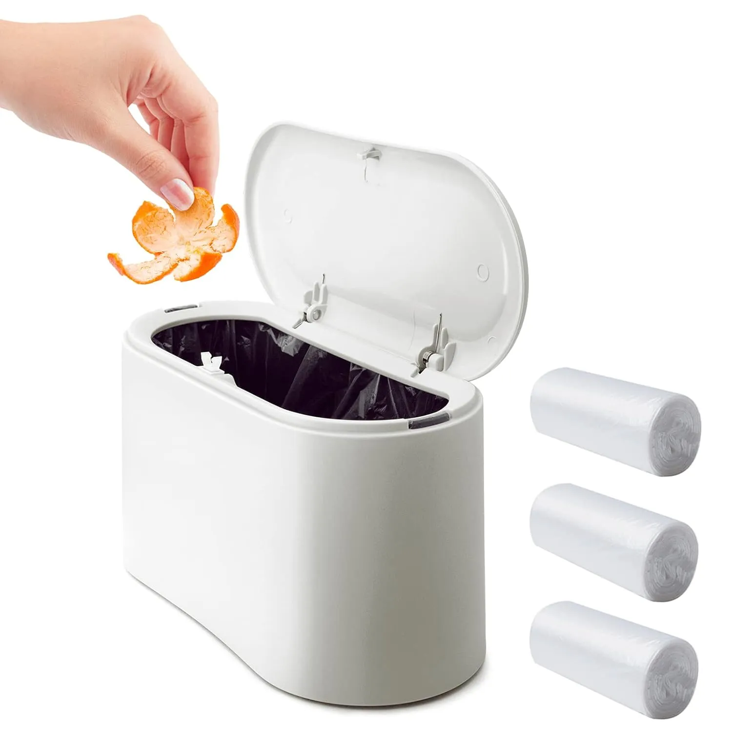 Mini Desk Trash Can with Lid with 90 Pcs Trash Bag, Lint Bin 0.5 Gallon Countertop Waste Bin for Table Tiny Garbage Can for Office Bedroom (White)