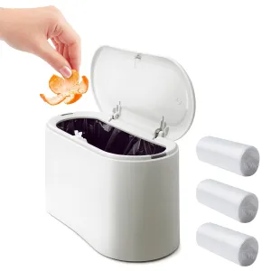Mini Desk Trash Can with Lid with 90 Pcs Trash Bag, Lint Bin 0.5 Gallon Countertop Waste Bin for Table Tiny Garbage Can for Office Bedroom (White)