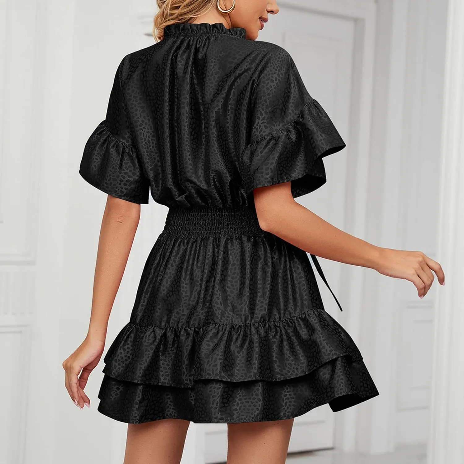 Mini Dresses for Women 2024, Satin Jacquard Ruffle Hem Elastic Waist Solid Dress, V-Neck Flowy Comfy Outdoor Dresses