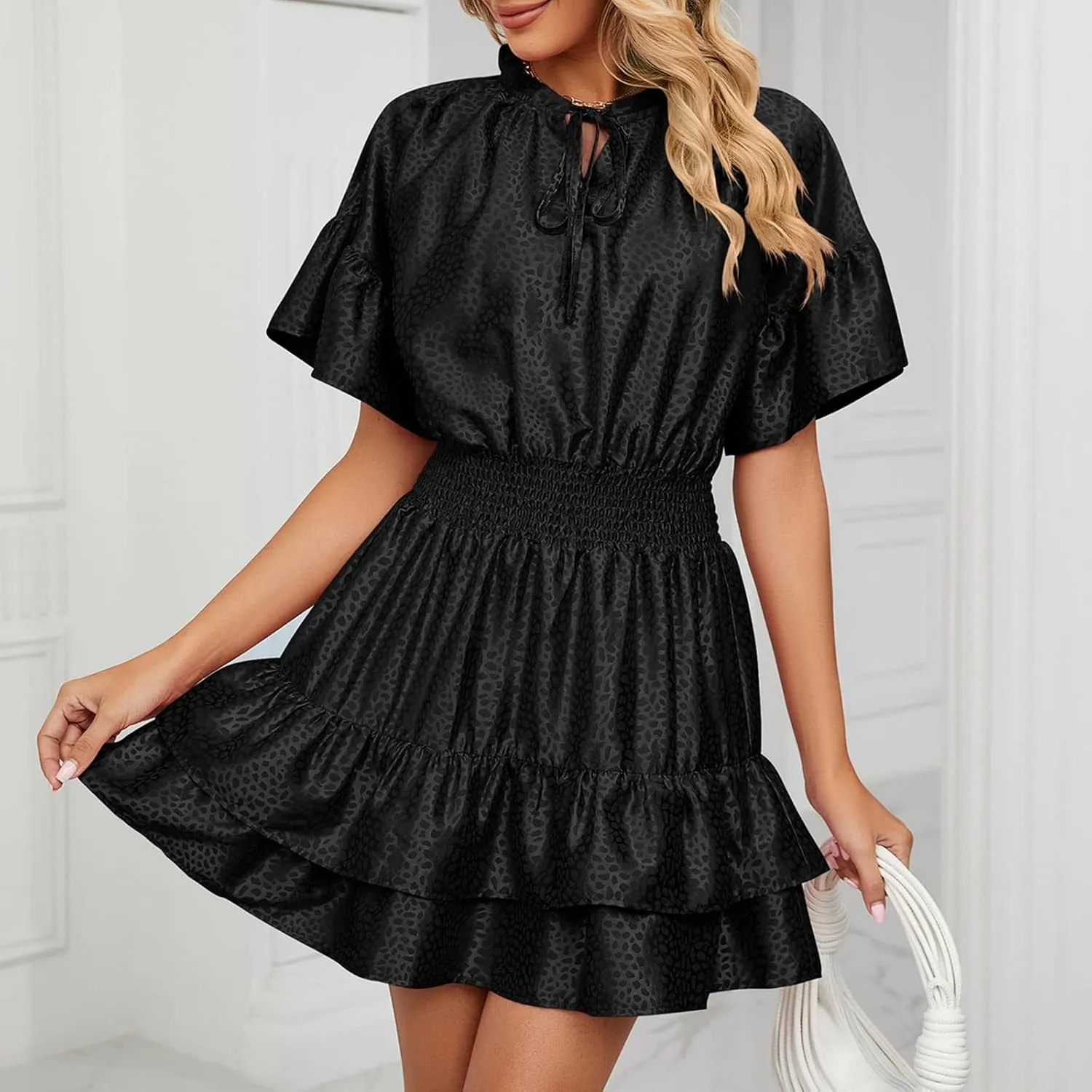 Mini Dresses for Women 2024, Satin Jacquard Ruffle Hem Elastic Waist Solid Dress, V-Neck Flowy Comfy Outdoor Dresses