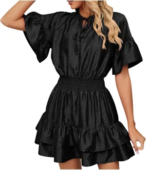 Mini Dresses for Women 2024, Satin Jacquard Ruffle Hem Elastic Waist Solid Dress, V-Neck Flowy Comfy Outdoor Dresses