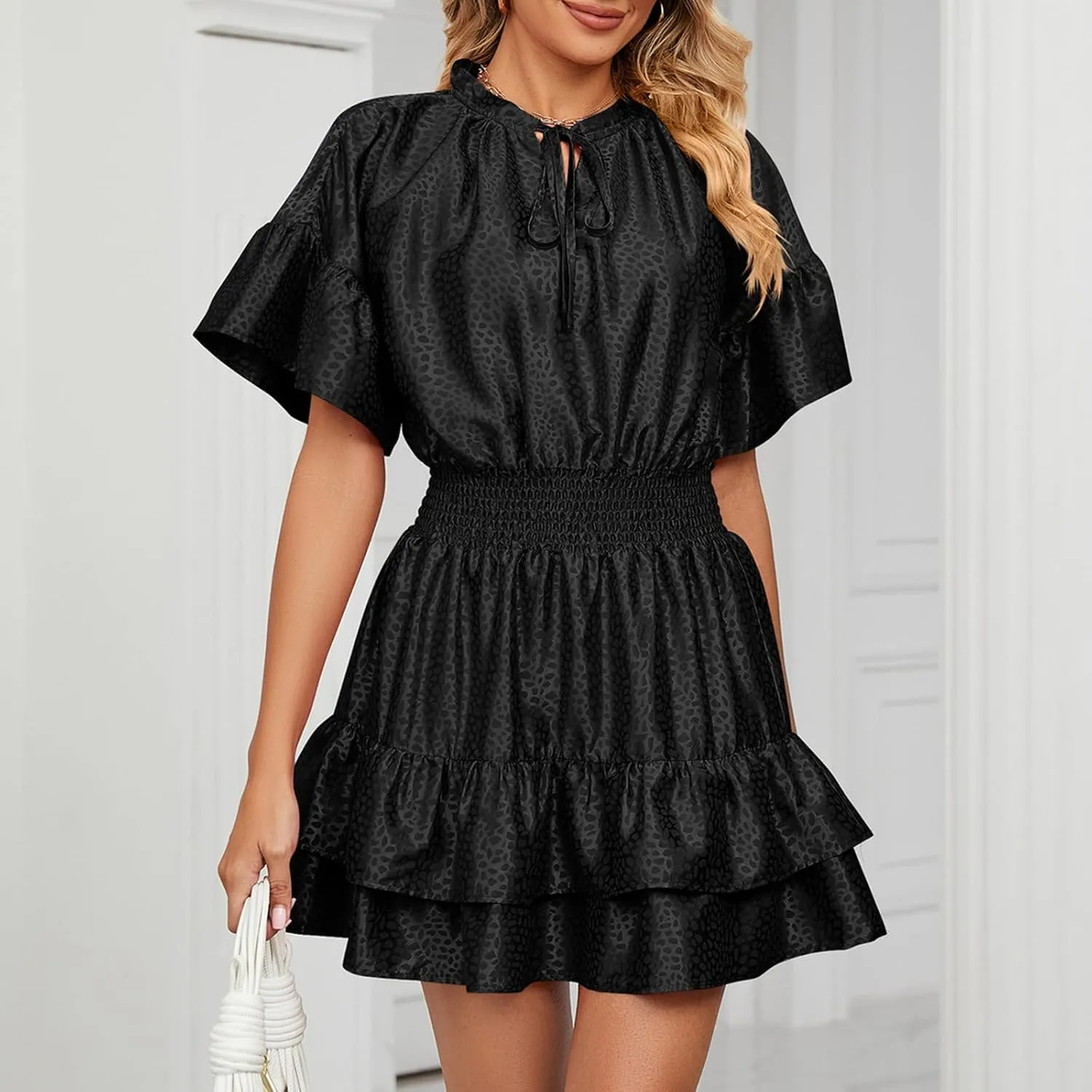 Mini Dresses for Women 2024, Satin Jacquard Ruffle Hem Elastic Waist Solid Dress, V-Neck Flowy Comfy Outdoor Dresses