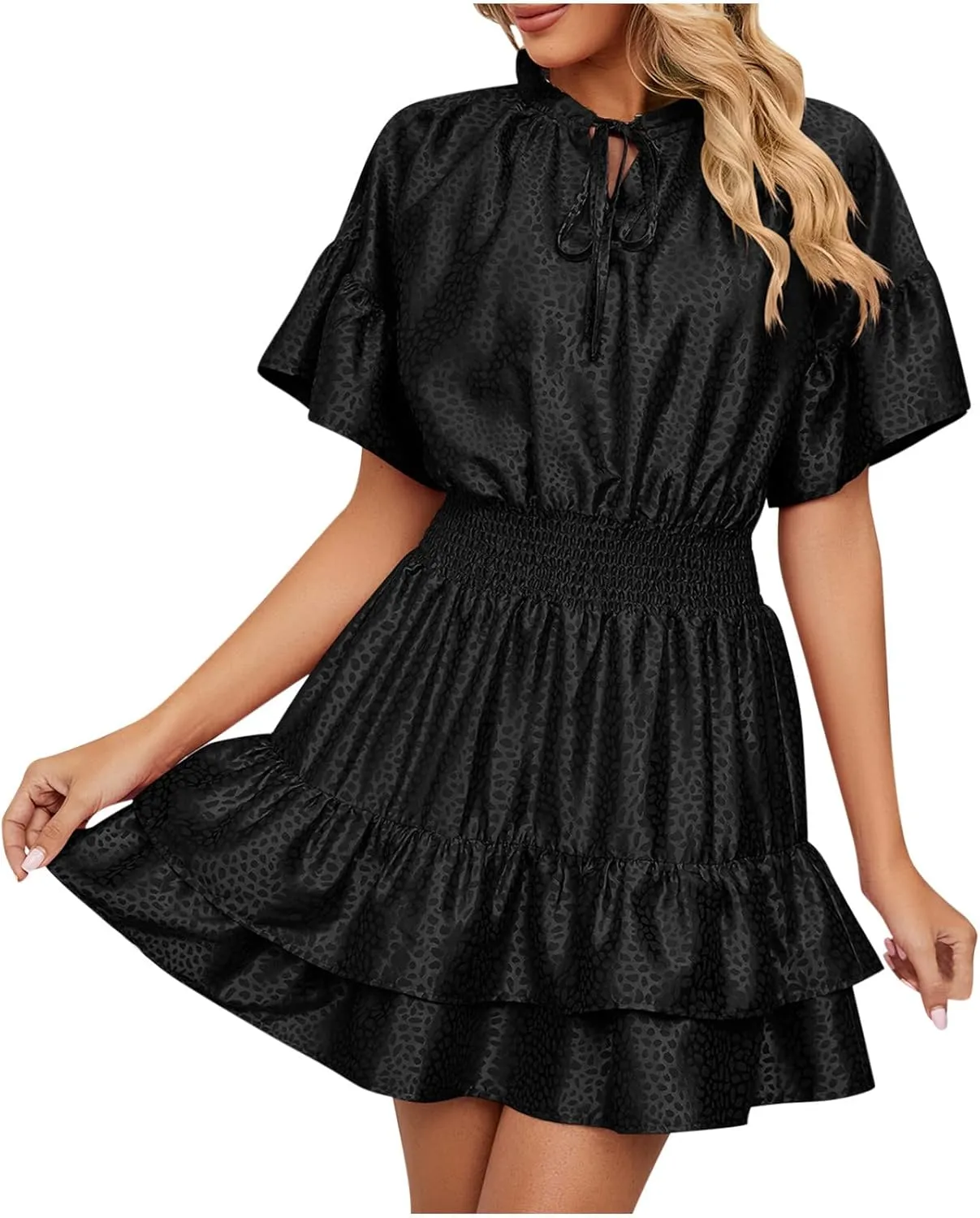 Mini Dresses for Women 2024, Satin Jacquard Ruffle Hem Elastic Waist Solid Dress, V-Neck Flowy Comfy Outdoor Dresses