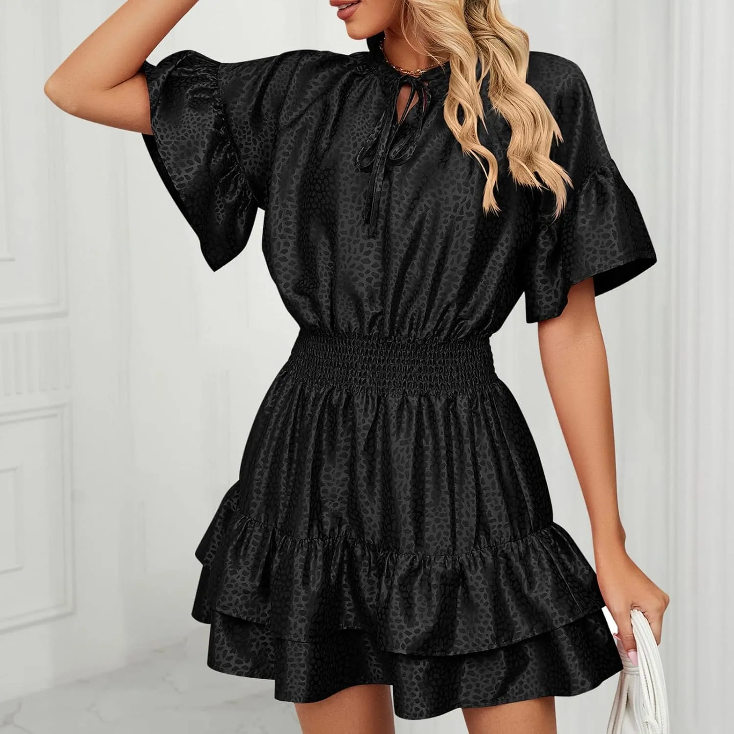 Mini Dresses for Women 2024, Satin Jacquard Ruffle Hem Elastic Waist Solid Dress, V-Neck Flowy Comfy Outdoor Dresses
