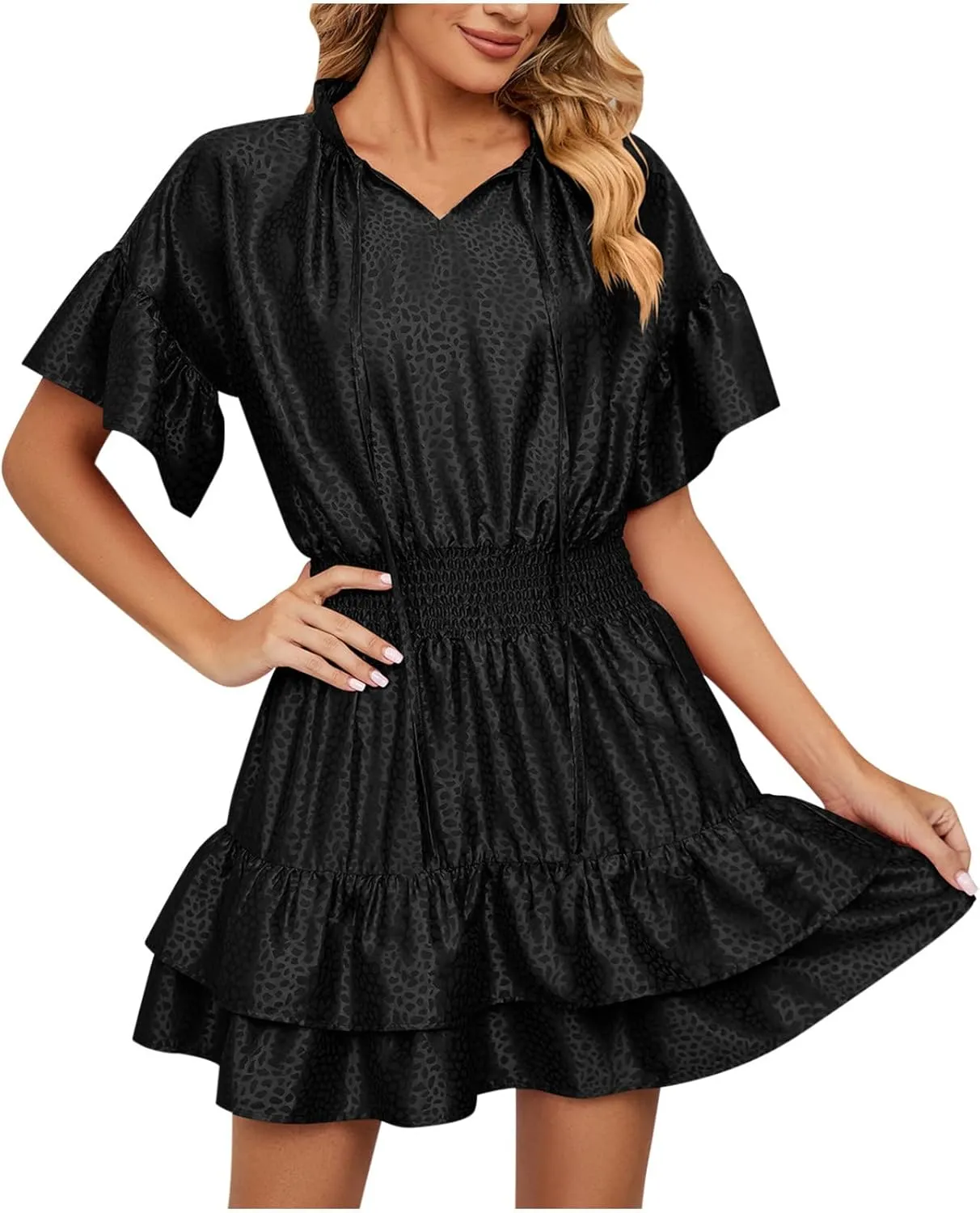 Mini Dresses for Women 2024, Satin Jacquard Ruffle Hem Elastic Waist Solid Dress, V-Neck Flowy Comfy Outdoor Dresses