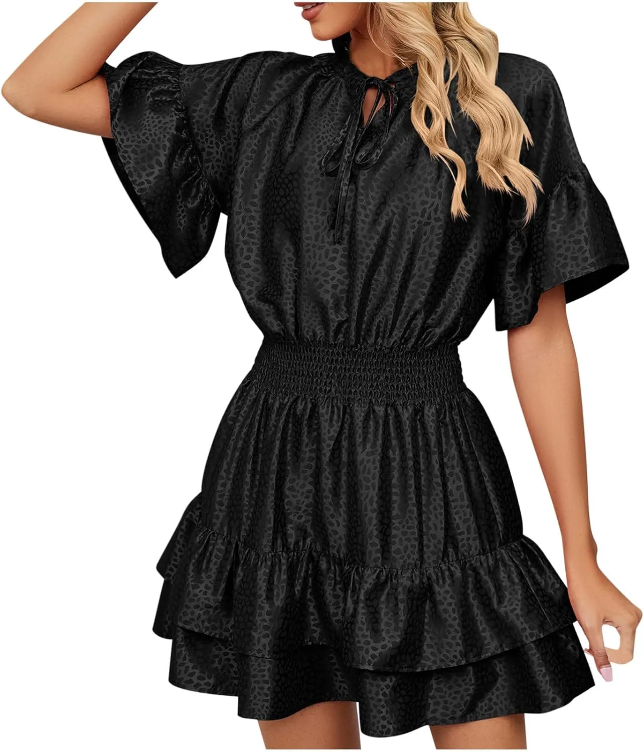 Mini Dresses for Women 2024, Satin Jacquard Ruffle Hem Elastic Waist Solid Dress, V-Neck Flowy Comfy Outdoor Dresses