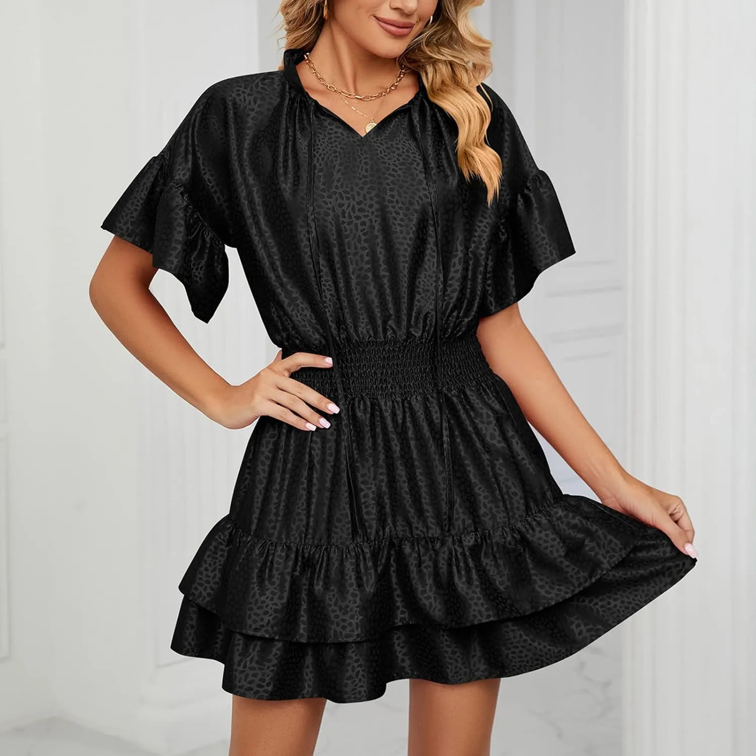 Mini Dresses for Women 2024, Satin Jacquard Ruffle Hem Elastic Waist Solid Dress, V-Neck Flowy Comfy Outdoor Dresses