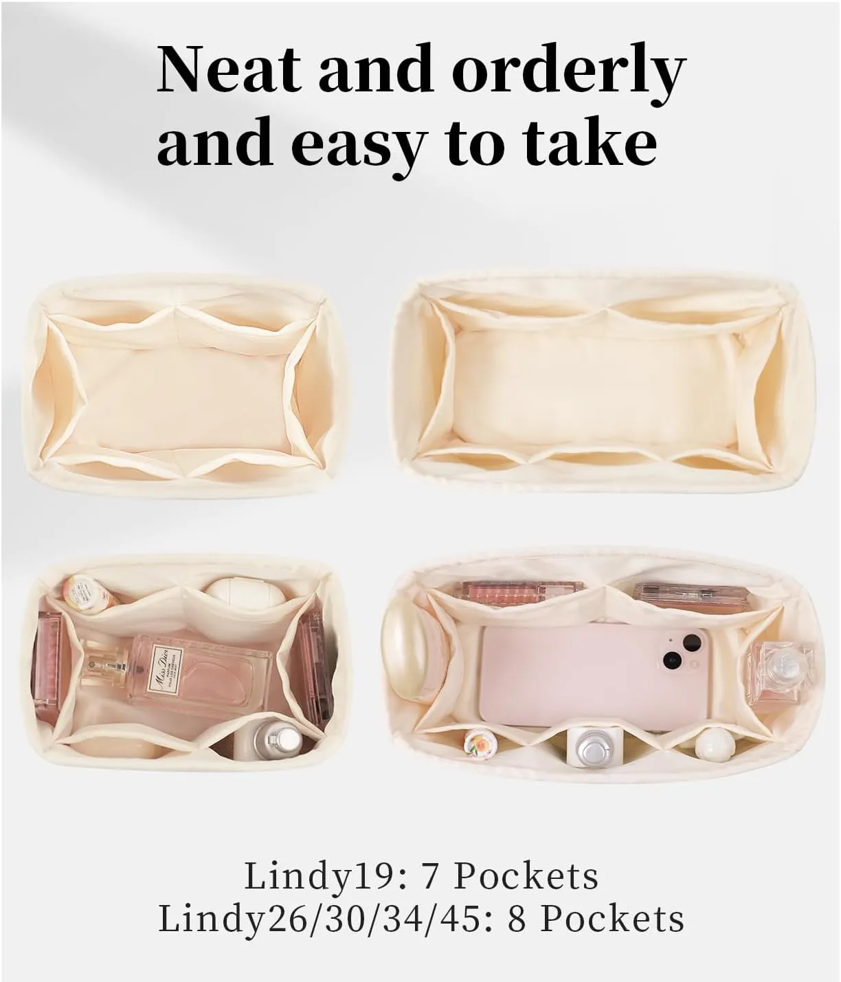 Mini Lindy Bag Insert, Luxury Bags Storage with Silk, Lightweight Inner Bag Compatible with Lindy 19 Bags, Multiple Pockets Large Capacity(Craie, Lindy19)