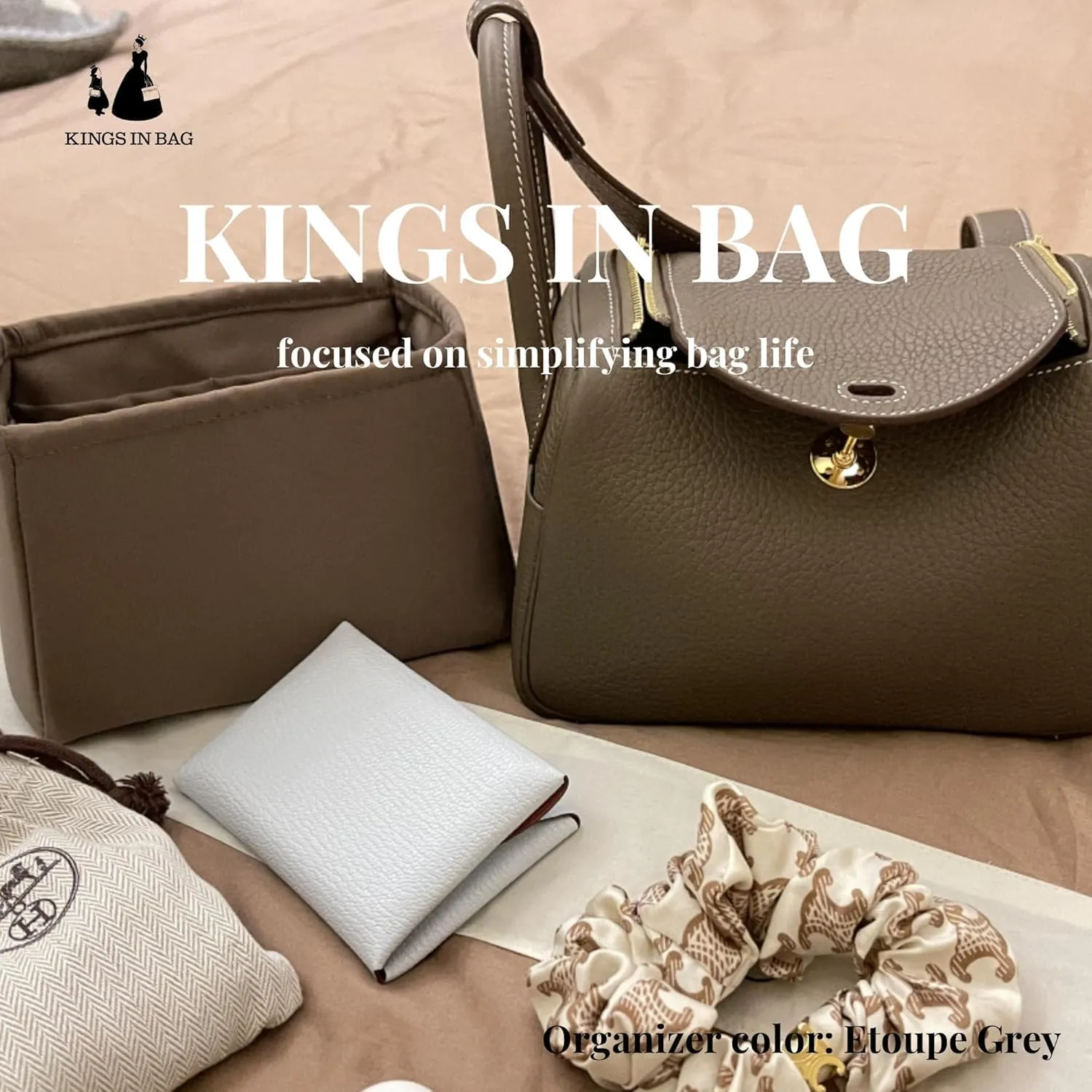 Mini Lindy Bag Insert, Luxury Bags Storage with Silk, Lightweight Inner Bag Compatible with Lindy 19 Bags, Multiple Pockets Large Capacity(Etoupe grey, Lindy19)