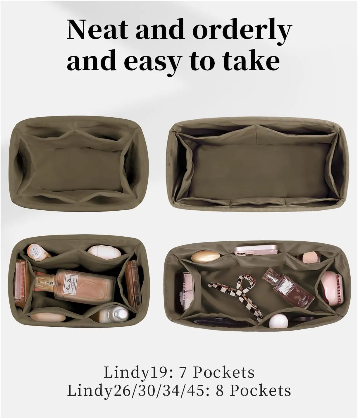 Mini Lindy Bag Insert, Luxury Bags Storage with Silk, Lightweight Inner Bag Compatible with Lindy 19 Bags, Multiple Pockets Large Capacity(Etoupe grey, Lindy19)
