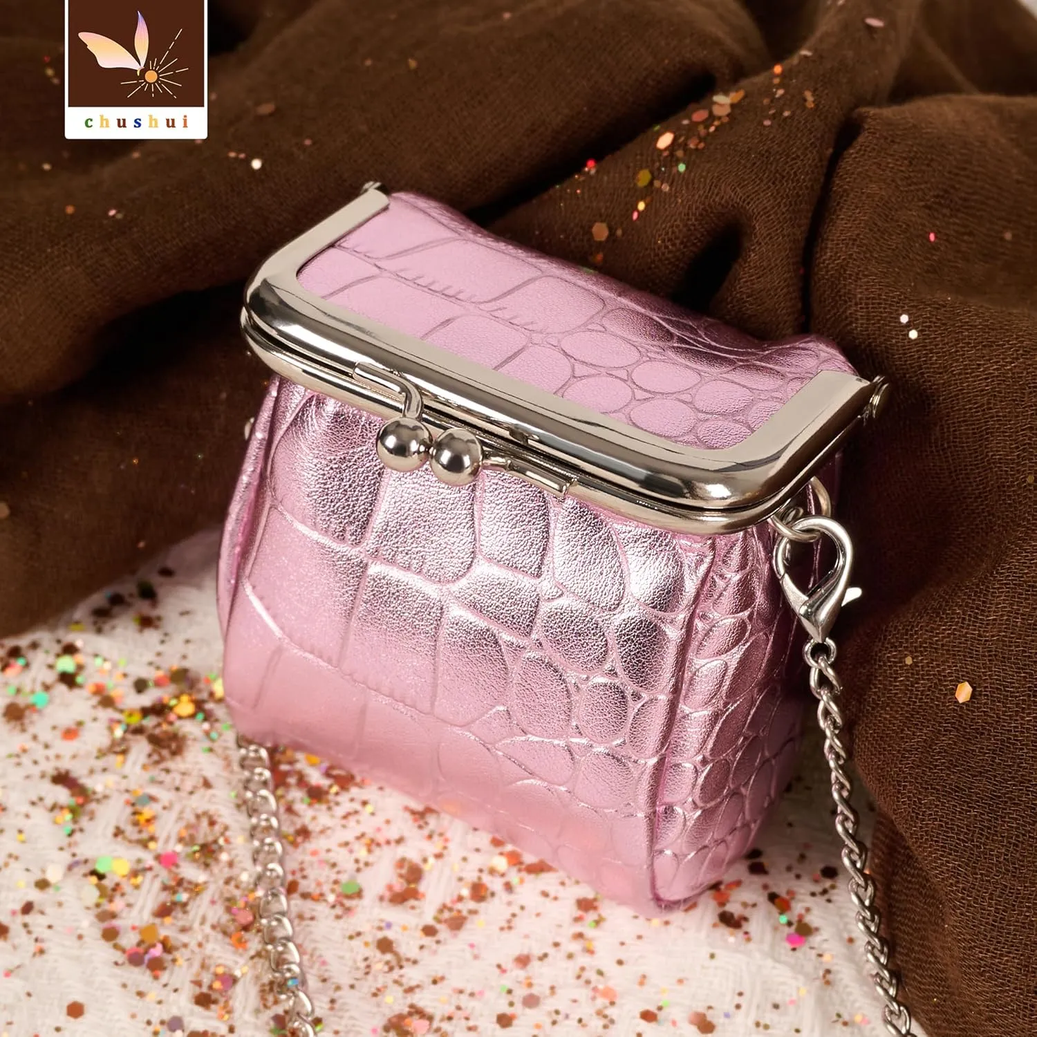 Mini Purse,Chain Gothic Tiny Bag, Micro Coin Wallet for Women,Kiss Lock Leather Crossbody Bag