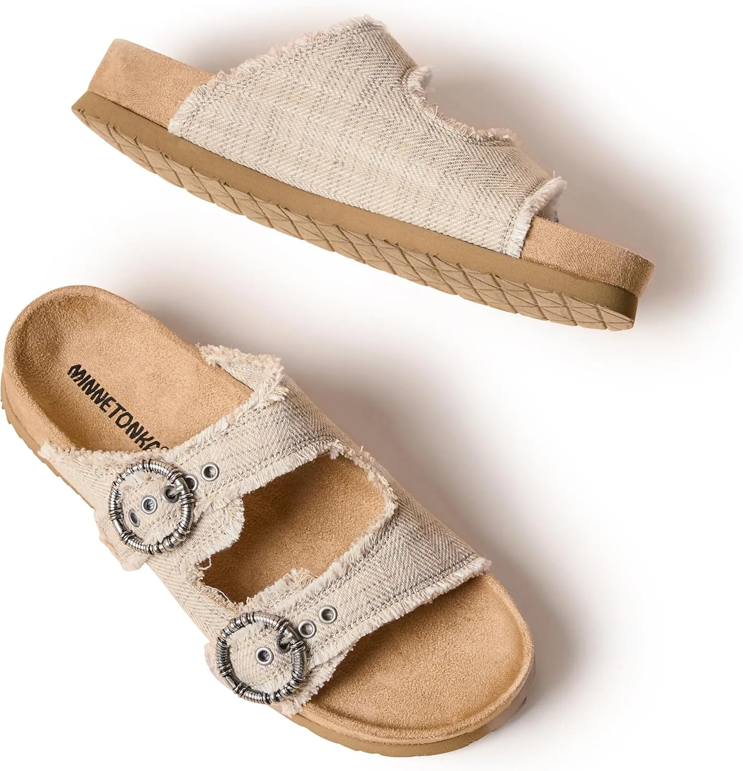 Minnetonka Georgine – Women’s Two Strap Sandals with Two Buckle Adjustable Straps, Metal Accents, and Microfiber Lining