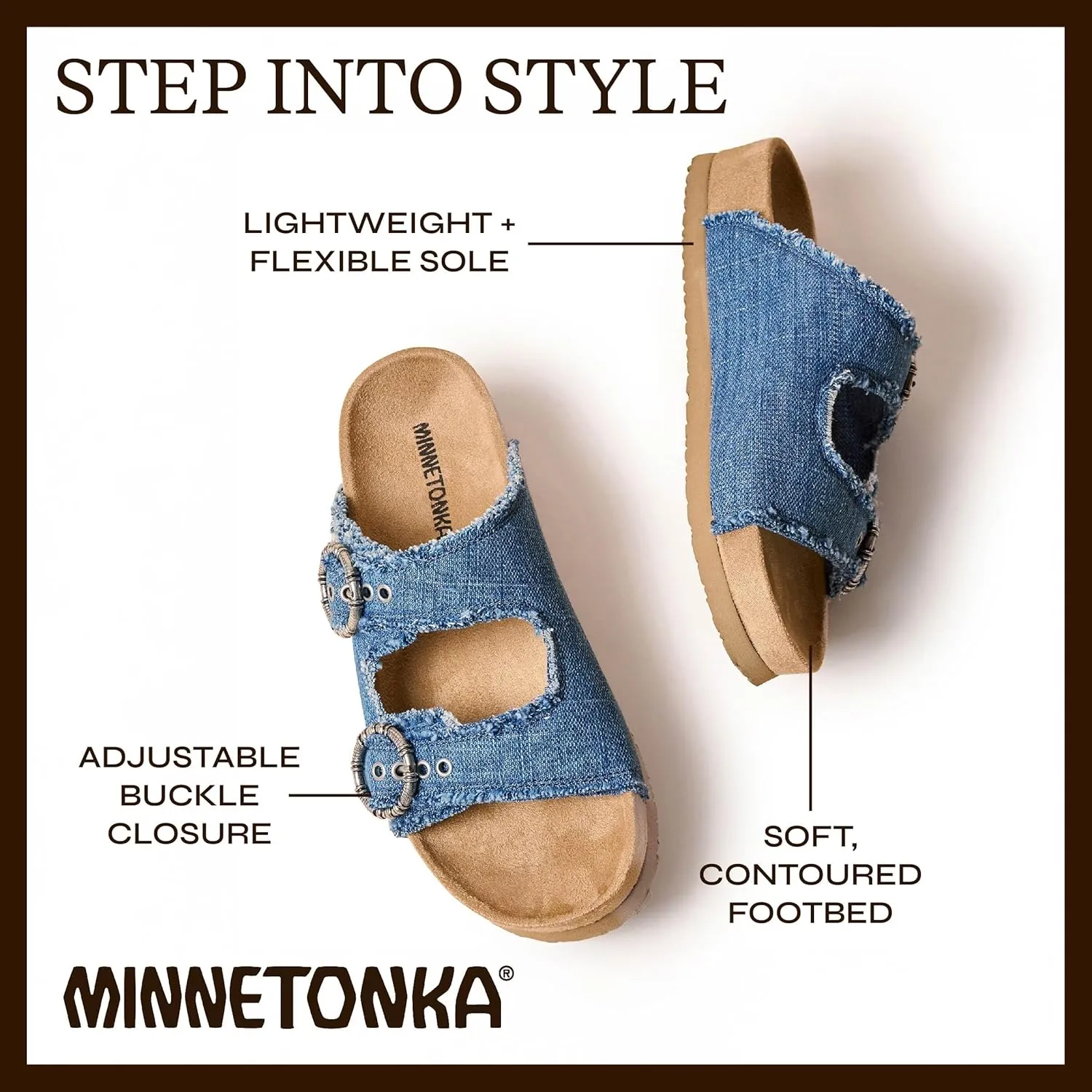 Minnetonka Georgine – Women’s Two Strap Sandals with Two Buckle Adjustable Straps, Metal Accents, and Microfiber Lining